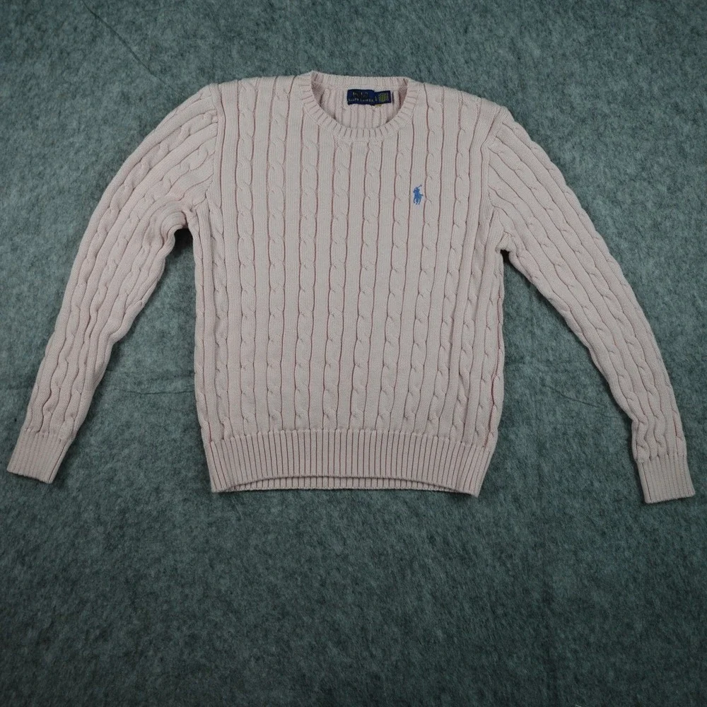 Polo Ralph Lauren Sweater Womens Large Pink Cable Knit Crewneck Long Sleeve - Picture 1 of 13